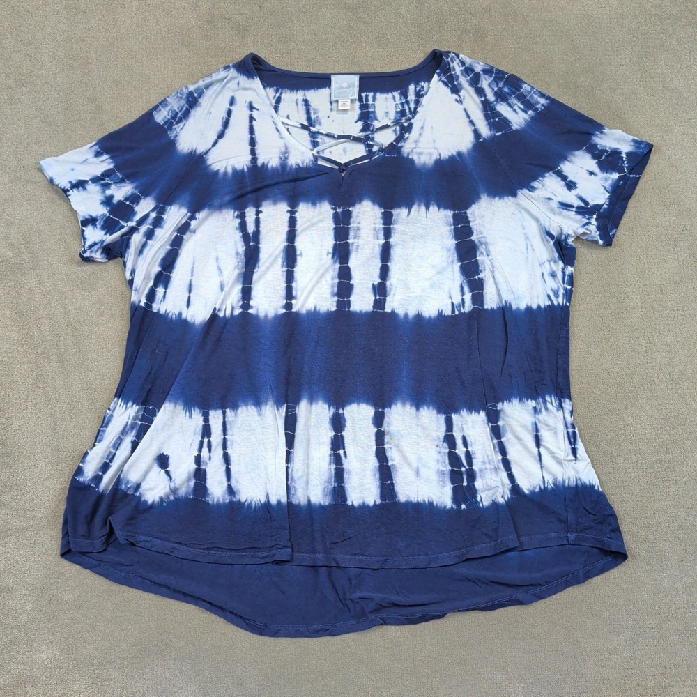 Sunday Shirt Womens 2X Blue White Tie Dye Strappy V Neck Relaxed Short Sleeve